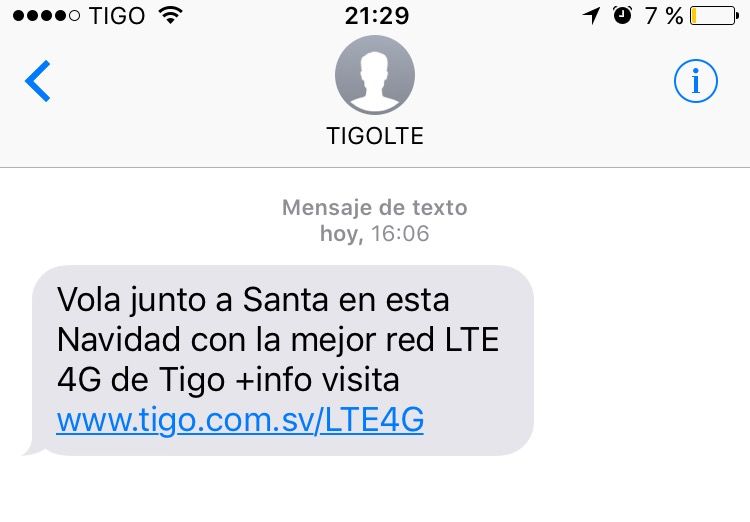 Mensaje de texto donde se anuncia la red LTE 4G de Tigo. (Screenshot de Romeo Méndez)